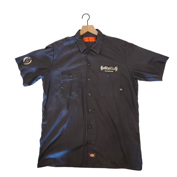 Hellanbach Mens Dickies Work Shirt SZ Large Gray Patches Graphic - Picture 1 of 11